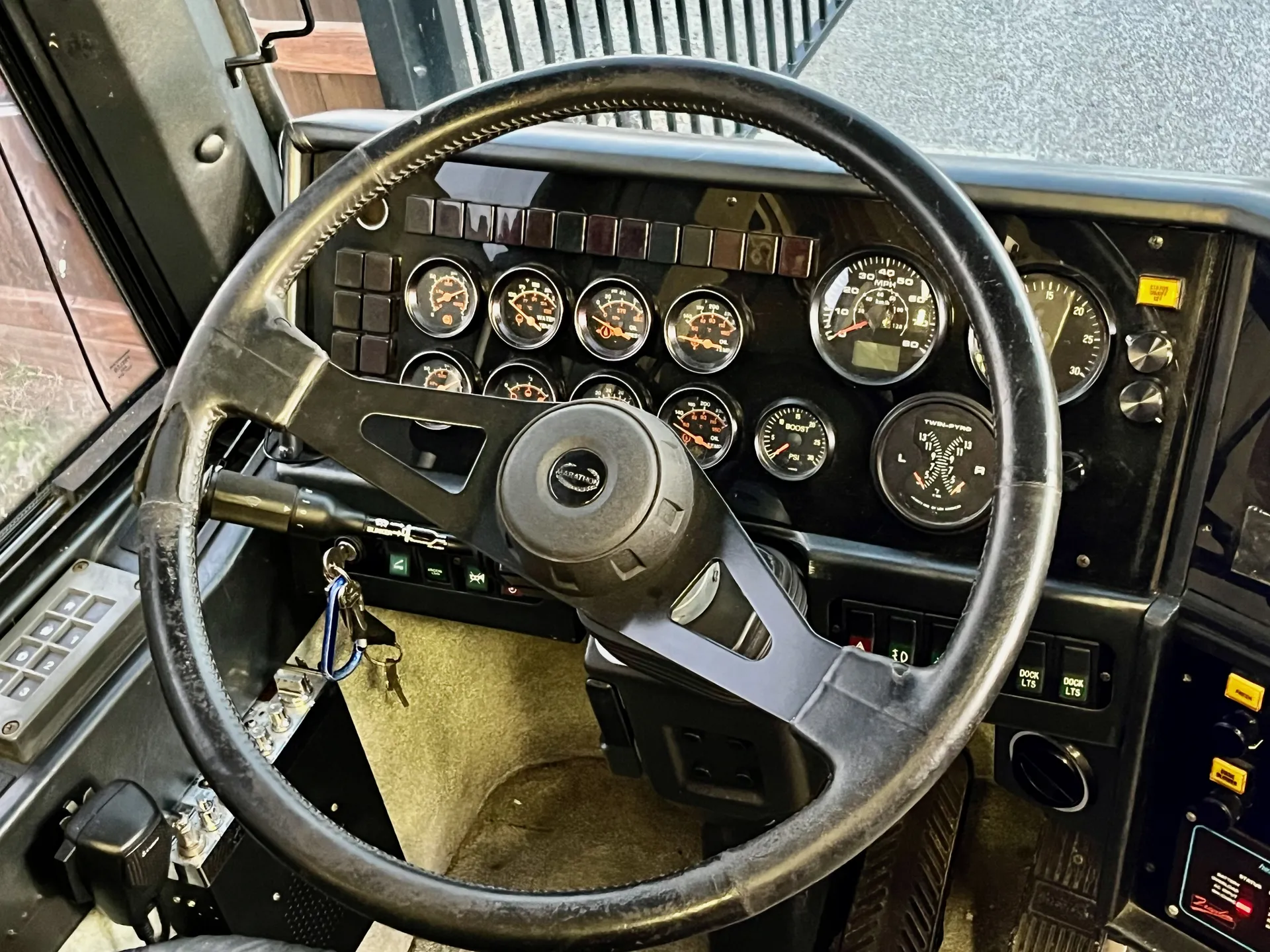 Analog gauge cluster behind the steering wheel