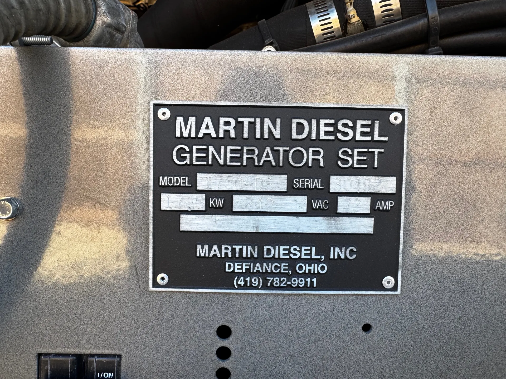 Martin Diesel generator nameplate - Defiance, Ohio